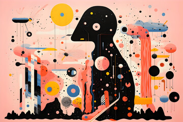 Wall Mural - Abstract Illustration with Pink Background, Black Figure, and Colorful Shapes