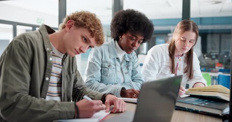 Aufkleber - Education, laptop and study group with student friends in library of college or university together. Computer, diversity and learning with people on school campus for development, project or research