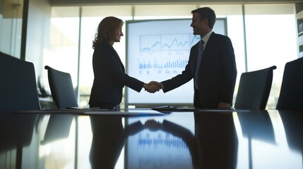 Wall Mural - Two business partners shake hands in a bright boardroom, celebrating a successful collaboration while a presentation displays progress behind them