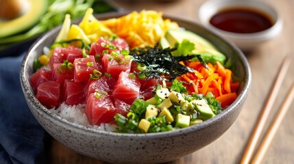 Wall Mural - A vibrant bowl filled with fresh tuna, avocado, seaweed, and vegetables offers a healthy, appetizing meal perfect for a relaxing dining experience