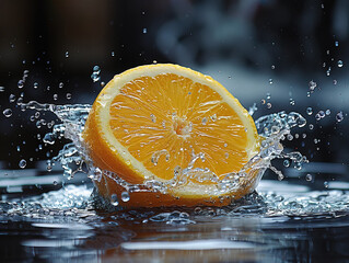 LEMON splashing with water on elegant black background Splash of sliced lemon with water drops