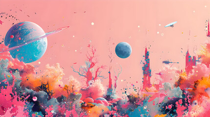 Poster - Abstract Cityscape with Planets and Stars - Illustration