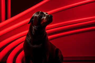 Poster - Black Dog Sitting in Red Abstract Background