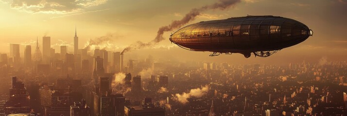 Wall Mural - A vintage airship soars gracefully over a bustling cityscape, with the golden hues of a setting sun casting a warm glow over the scene. The airship symbolizes progress, travel, and adventure, while th