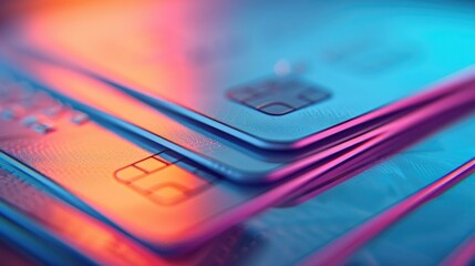 Closeup macro shot of stacked corporate and financial business credit cards with deep depth of field focus depicting various banking payment and monetary concepts related to commerce economy