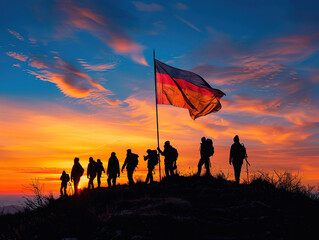 Wall Mural - Silhouettes of People On Sunset Holding Flag