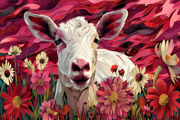 Poster - White Goat in Pink Flowers Illustration