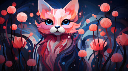 Poster - Cute Cat in Floral Illustration