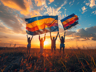 Wall Mural - Silhouettes of People On Sunset Holding Flag