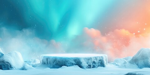 Wall Mural - Snowy Mountains and Frozen Platform Under a Colorful Sky