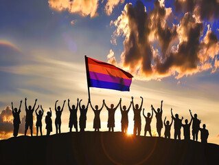 Wall Mural - Silhouettes of People On Sunset Holding Flag