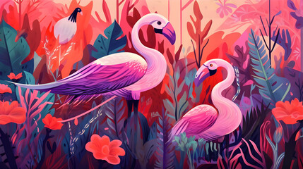 Wall Mural - Pink Flamingos in a Lush Tropical Illustration