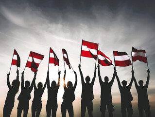 Wall Mural - Silhouettes of People On Sunset Holding Flag