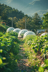 Canvas Print - A row of greenhouses are lined up in a field