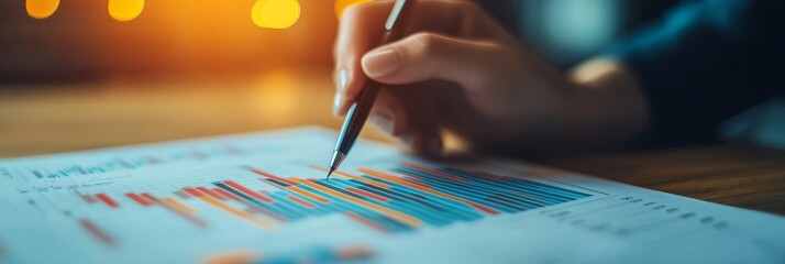 Poster - A hand points at a colorful bar graph on a piece of paper. This image symbolizes data analysis, business strategy, market trends, financial planning, and success.