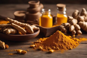 roots Turmeric table powder wooden turmeric