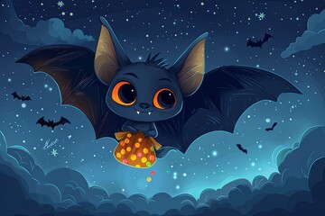 Cartoon vampire bat flying with a candy-filled bag under the starry sky