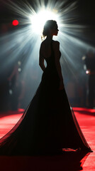 Wall Mural - A woman in a black dress is standing on a red carpet