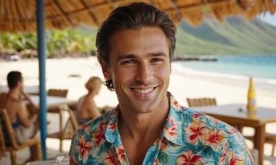 Pretty young man in Hawaiian shirt sitting and smiling at a beach cafe. Generative AI