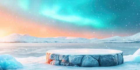 Sticker - Snowy Stone Platform Against a Winter Sky with Aurora Borealis