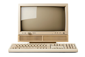 Vintage beige computer with CRT monitor and keyboard, isolated on white background. PNG without background