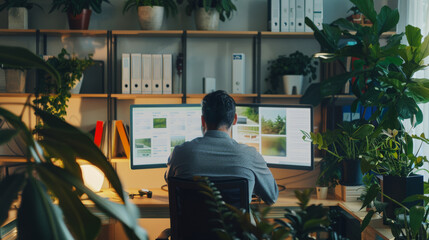 Sticker - A professional, surrounded by green plants, works attentively at a desk with a multi-monitor setup in a well-organized office space.