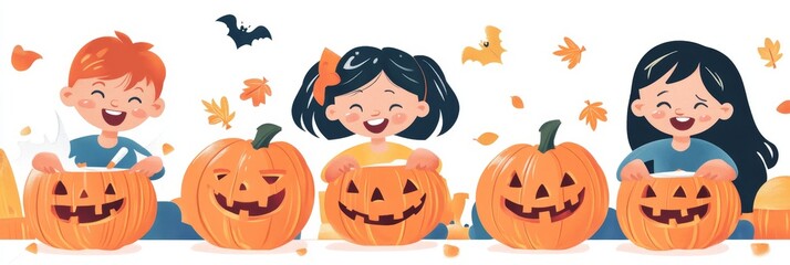 Poster - Four children are carving pumpkins for Halloween, symbolizing  joy, festivity, creativity, autumn, and tradition.