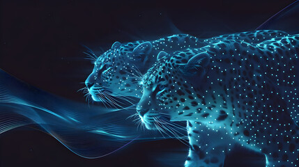 Poster - Digital Art Illustration of Two Leopards with Blue Spots in Black Background