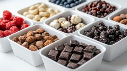 Overhead close-up of white containers containing various sized dark chocolate-covered fruits and nuts on a white background. Inside, enticing energy-boosting treats