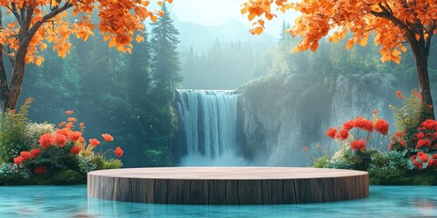 Wall Mural - Wooden Platform in a Forest with a Waterfall and Flowers