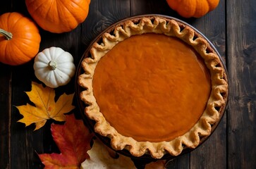 Wall Mural - Beautiful close-up flat lay photography of a freshly baked pumpkin pie surrounded by ripe pumpkins on a dark rustic wooden surface. Advertisement autumn studio food pastry bakery photo illustration.