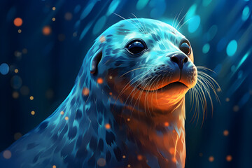 Poster - Cute Seal with Blue and Orange Lights Illustration