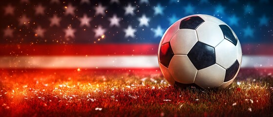 Sticker - Soccer Ball on Grass with American Flag Background.