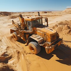 Large yellow construction vehicle driving in desert sand