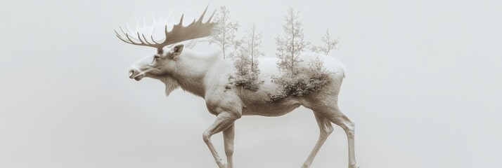 Poster - A white moose walks through a forest, symbolizing nature, wildlife, tranquility, freedom, and unity with nature.