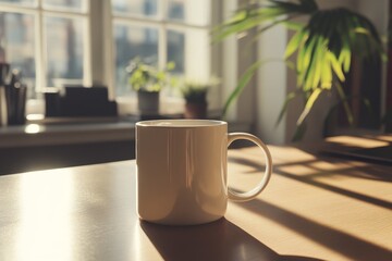 Poster - A white mug sits on a wooden table in a sunlit room, symbolizing relaxation, a break, warmth, and a fresh start. The sunbeams streaming through the window add to the sense of tranquility.