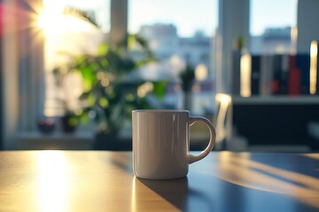 Wall Mural - A white mug sits on a wooden table in front of a window with sunlight streaming through, symbolizing a peaceful start, a fresh beginning, a moment of relaxation, a quiet workspace, and a productive da