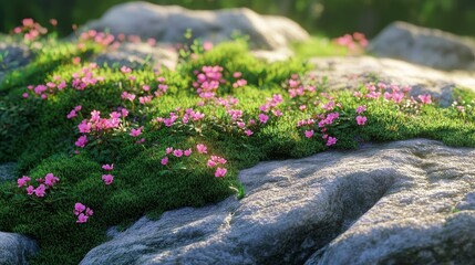 Sticker - Pink flowers bloom on a bed of green moss growing on a rocky surface, bathed in warm sunlight.  The image represents nature, life, beauty, growth and renewal.