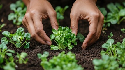 Wall Mural - Close-up of hands planting a small salad plant, reflecting the nurturing aspect of urban gardening.