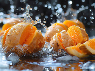 Vibrant GINGER splashing with water and ice on elegant black background