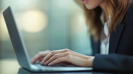 Wall Mural - A professional businesswoman focuses intently on her laptop, typing with both hands, showcasing her dedication and expertise in a modern work environment