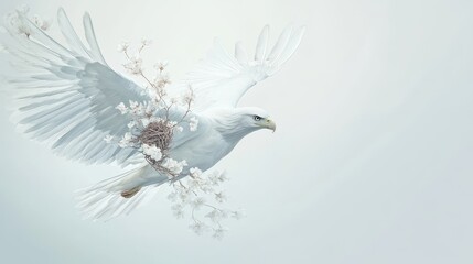 Sticker - A majestic white eagle in flight with outstretched wings, gracefully soaring through a delicate array of white flowers symbolizing hope, peace, freedom, purity, and renewal.