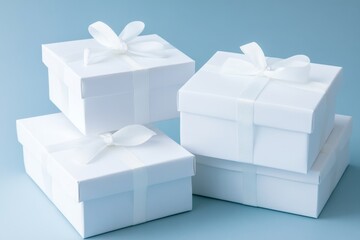 Sticker - Three white gift boxes with satin ribbons, stacked on a light blue background symbolizing celebration, presents, love, gifting, and joy.