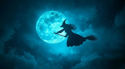 Poster - A silhouette of a witch flying on a broomstick under a full moon. This image symbolizes magic, mystery, darkness, and the supernatural. It is perfect for Halloween decorations, spooky stories, and mys