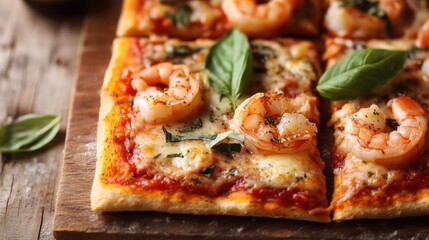 Wall Mural - Delectable shrimp pizza with fresh basil on wooden table