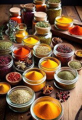 Canvas Print - colorful array fragrant seasonings displayed clear containers rustic timber showcasing culinary ingredients natural textures, aroma, flavor, spice, herb