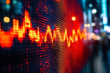 Poster - Vibrant close-up of a digital display showcasing financial data with glowing red graphs against a blurred urban backdrop.