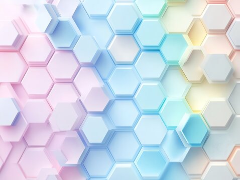 A minimalist geometric design with pastel colored hexagons arranged in a  and light yellow honeycomb pattern, with each hexagon in shades like lavender, peach evoking a sense of calm.