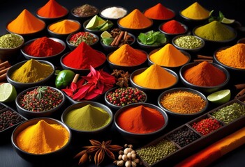 Canvas Print - vibrant spices creatively arranged black surface showcasing colorful culinary display, arrangement, seasoning, paprika, cumin, turmeric, coriander, chili