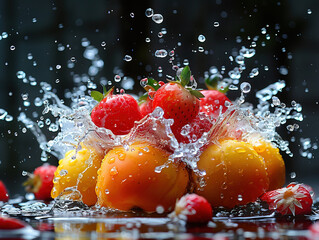 Vibrant fruit splashing with water and ice on elegant black background